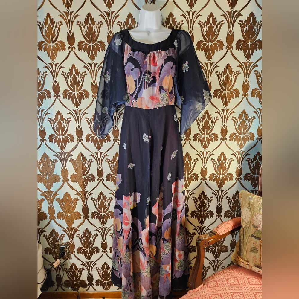 Vtg.Boho Womens XS-S Empire Chiffon Lined Floral Lily Maxi Flutter Sleeves Sheer